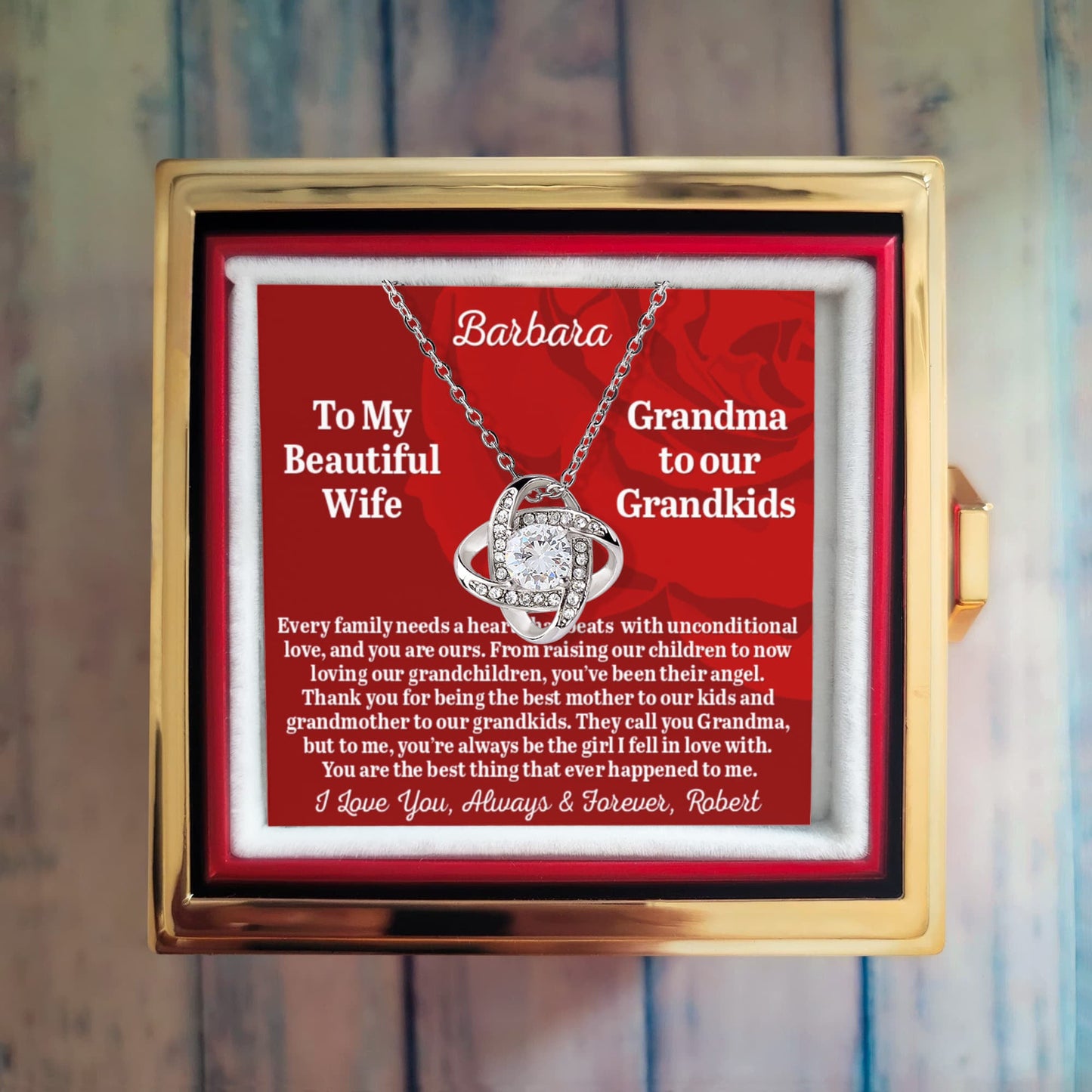 To My Beautiful Wife - Grandma To Our Grandkids - Personalized Love Knot Necklace with Rose in a Rotating Gift Box