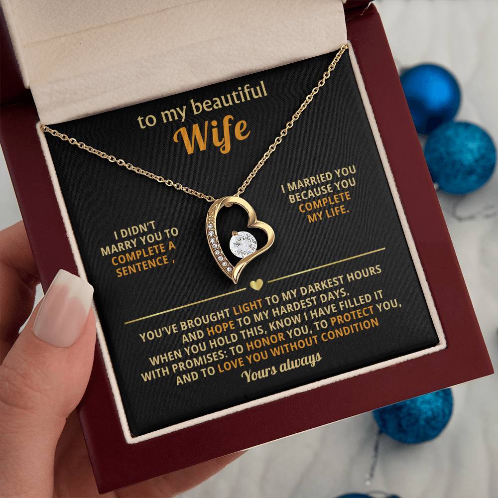 To My Beautiful Wife - You Complete My Life - Eternal Love Heart Necklace - Price Includes Free Shipping
