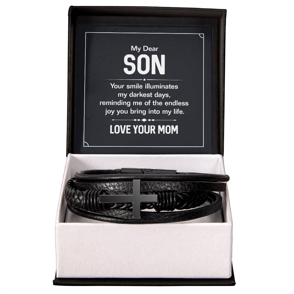 To My Son From Mom - Inspirational Cross Leather Bracelet - You Bring Me Endless Joy