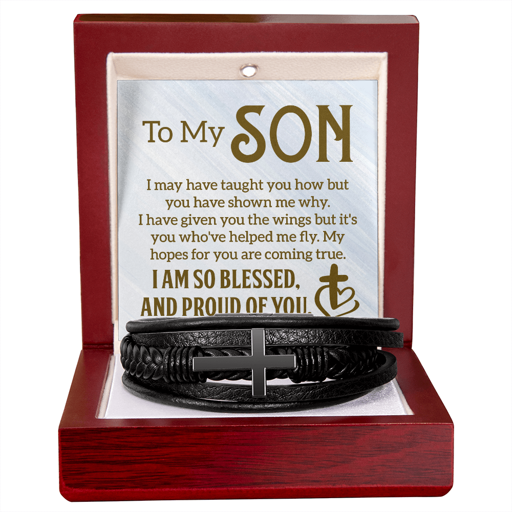 To My Son - Inspirational Cross Leather Bracelet - I'm So Blessed and Proud of You