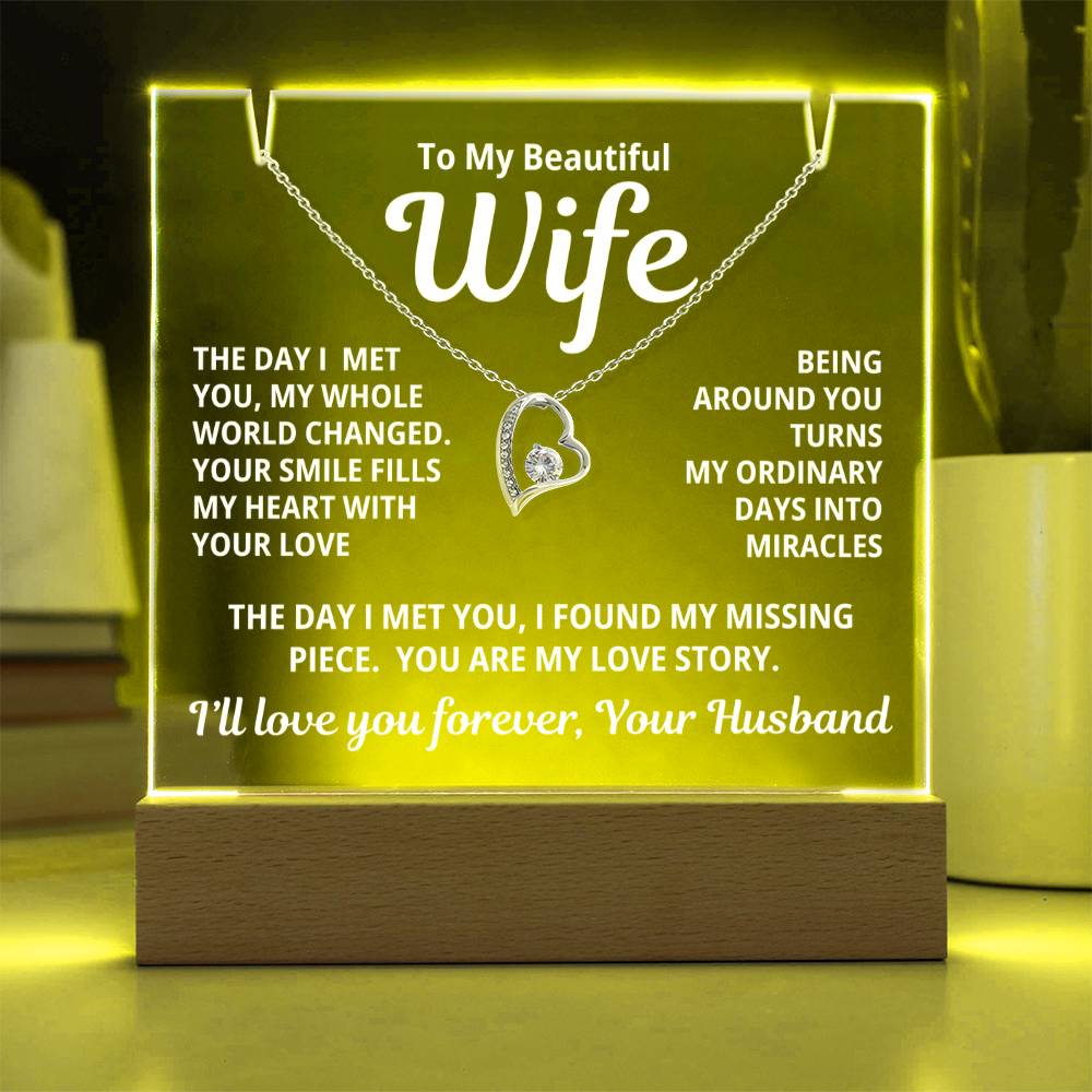 To My Beautiful Wife 2 in 1 Gift Set - You Are My Love Story - Keepsake Acrylic Plaque with Eternal Heart Love Necklace - Free Shipping Included