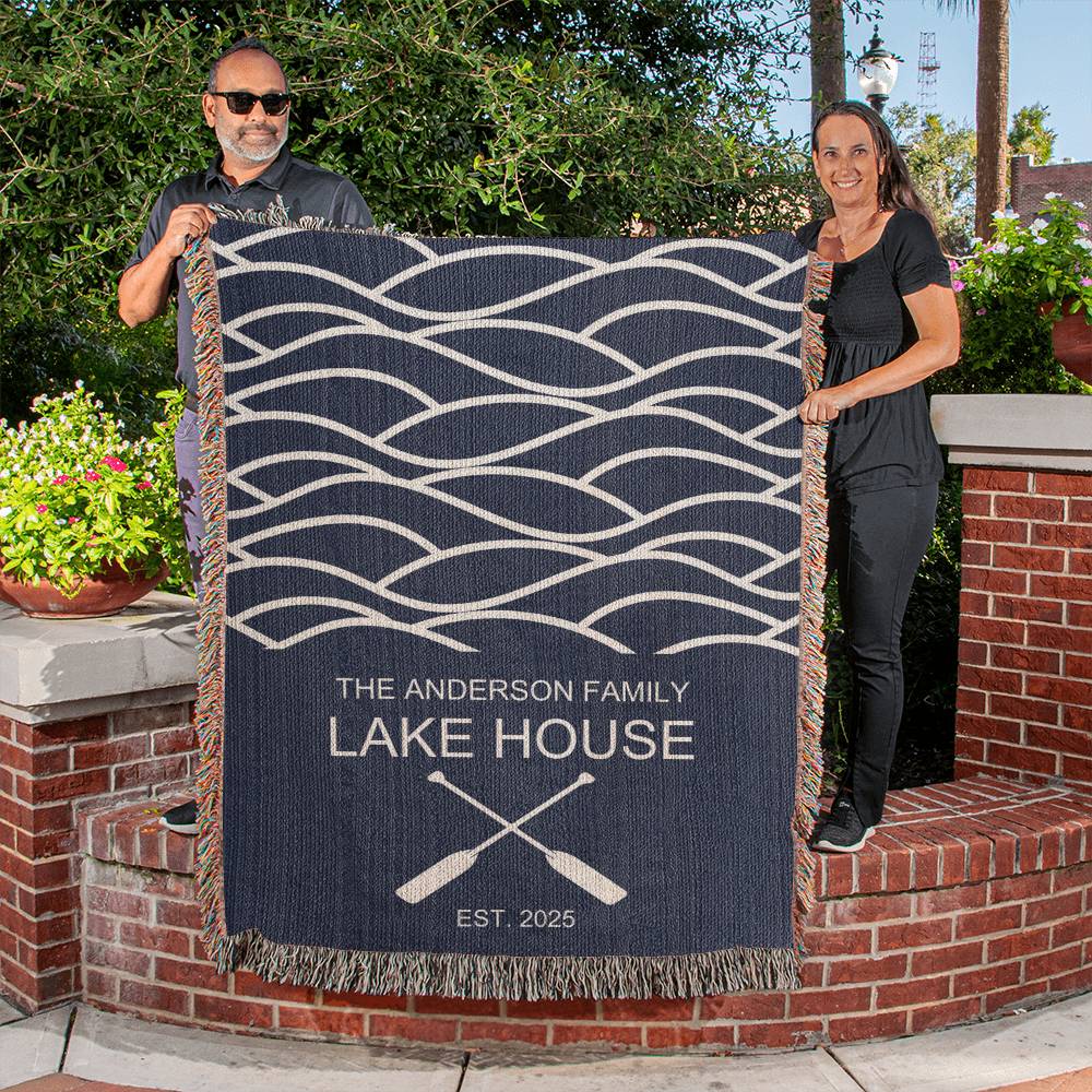 Personalized Woven Blanket for Lake House Owner - Family Name Lake House - Established - Waves and Paddles