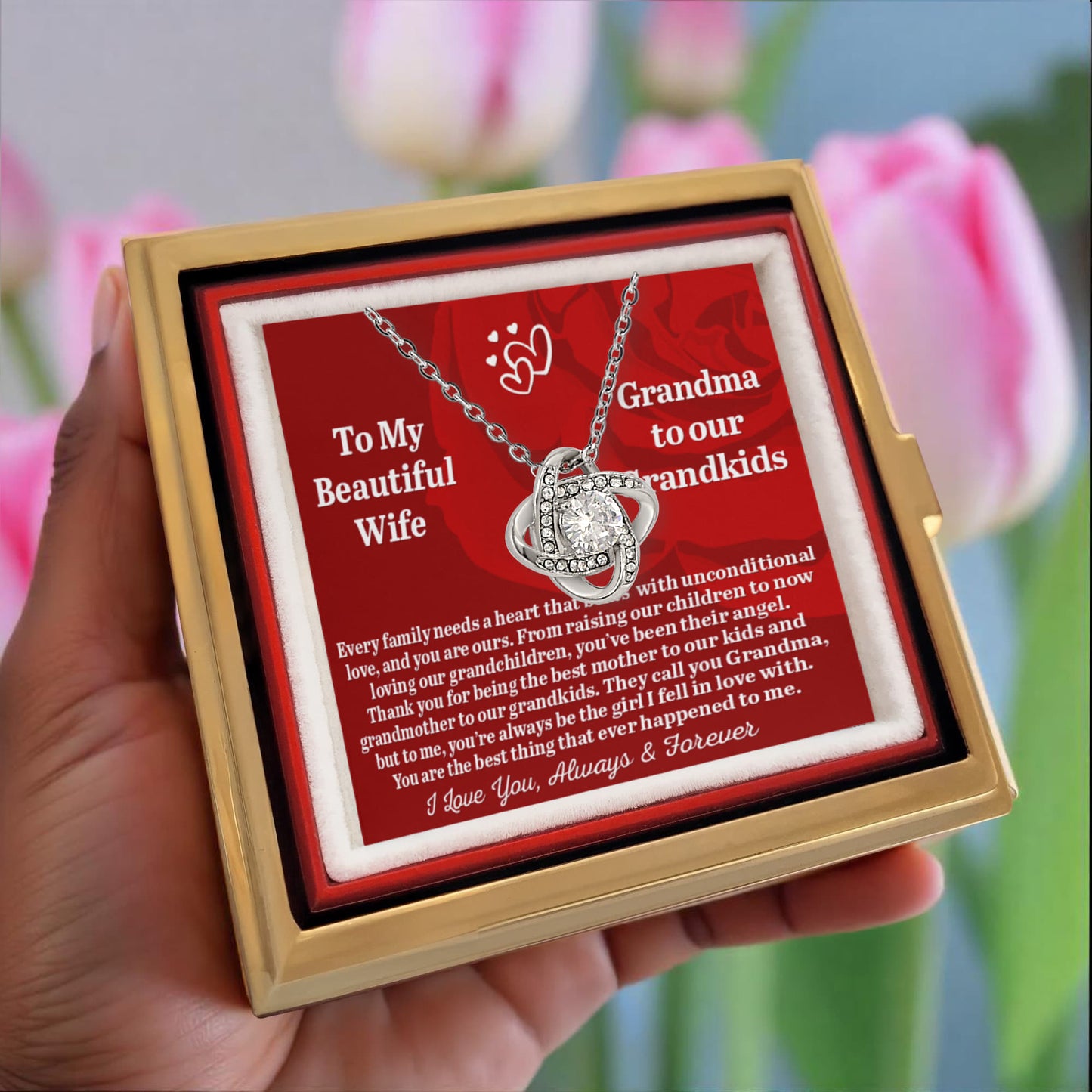 To My Beautiful Wife -Grandma To Our Grandkids - Love Knot Necklace with Rose in a Rotating Gift Box