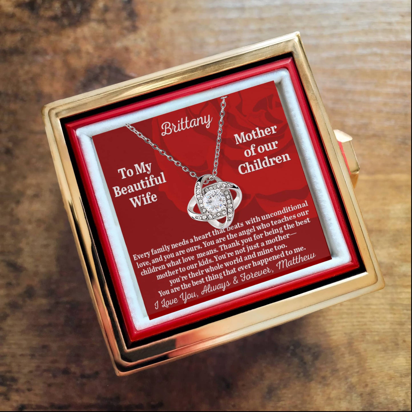 To My Beautiful Wife - Mother Of Our Children - Personalized Love Knot Necklace with Rose in a Rotating Gift Box