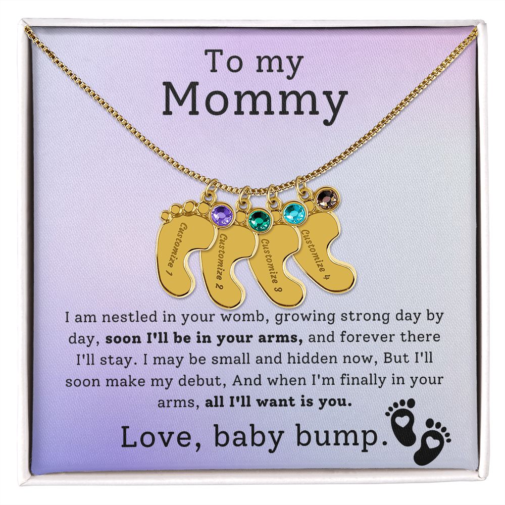 Mommy To Be - Engraved Baby Feet Necklace with Birthstone -All I Want Is You- w/o lux box