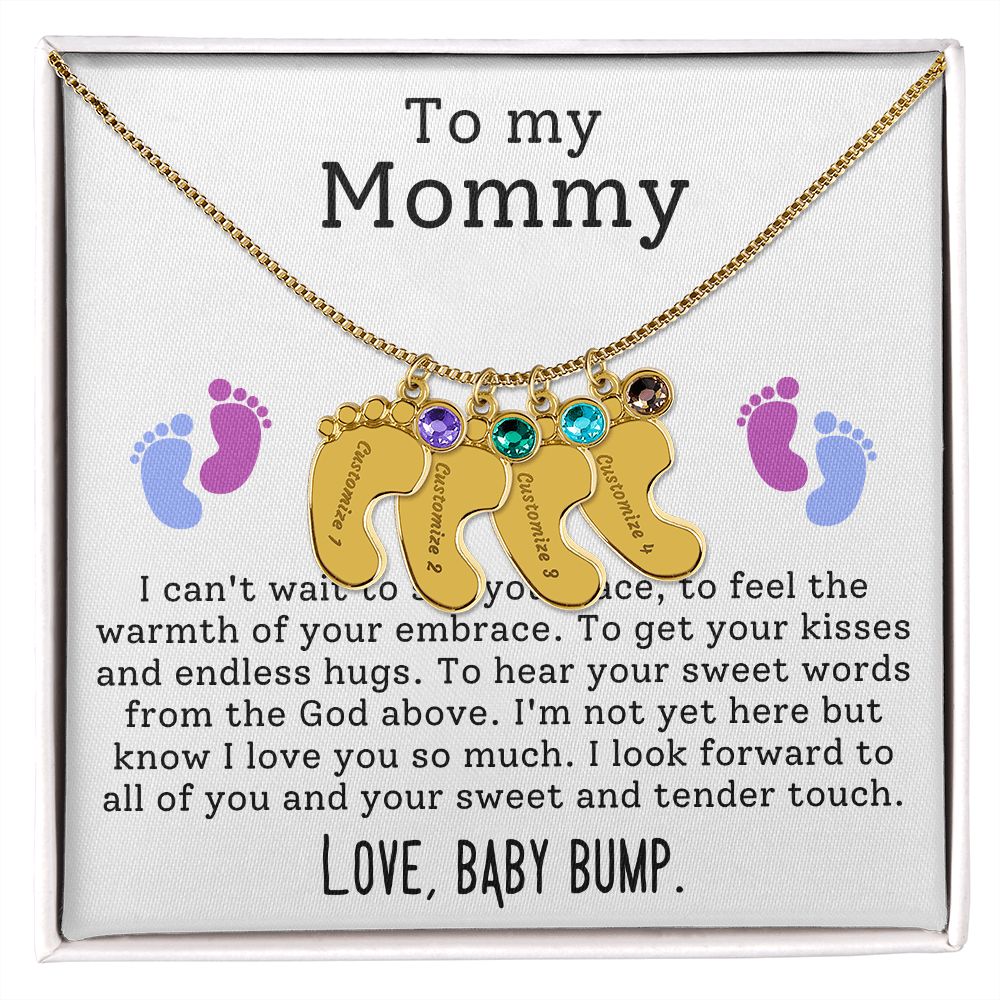 Mommy To Be - Engraved Baby Feet Necklace with Birthstone - Endless Hugs - w/o lux box