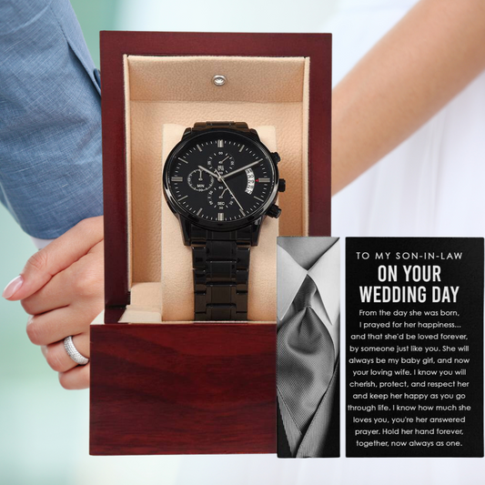 To My Son-In-Law - Mens Black Wrist Watch with Mahogany Box and Message Card - Hold Her Hand