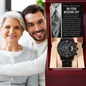 To My Son-In-Law - Mens Black Wrist Watch with Mahogany Box and Message Card - Hold Her Hand