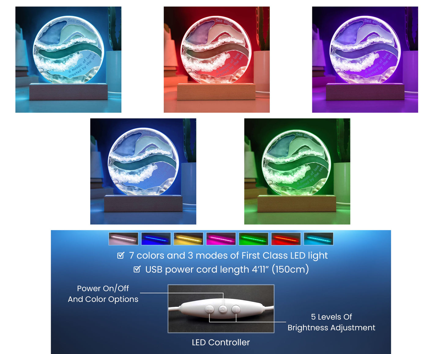 Sea Glass Mosaic Of Love Acrylic Circle Plaque Table Top Display with LED