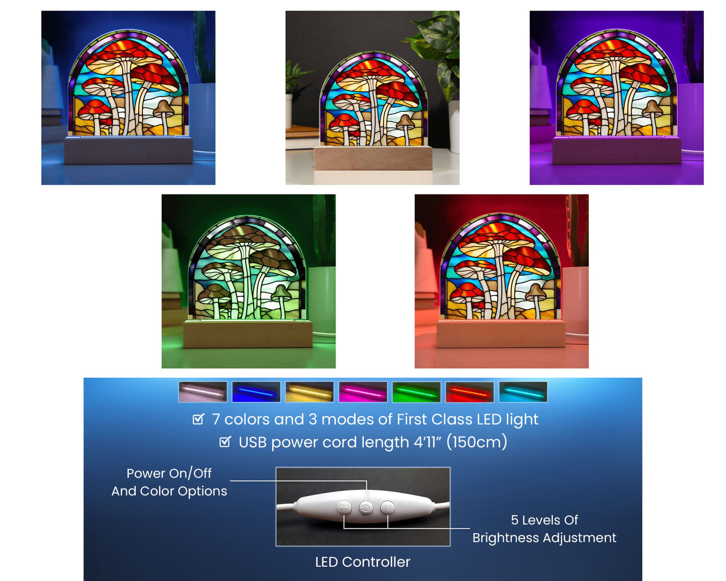 Magic Mushroom Acrylic Dome Stained Glass Designed Display with LED for Lamp or Night Light