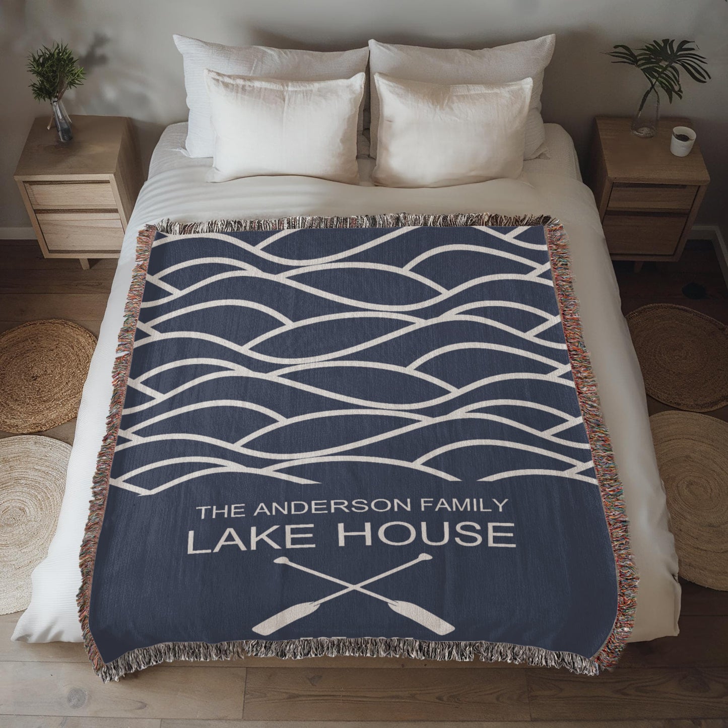 Personalized Woven Blanket for Lake House Owner - Family Name Lake House - Established - Waves and Paddles