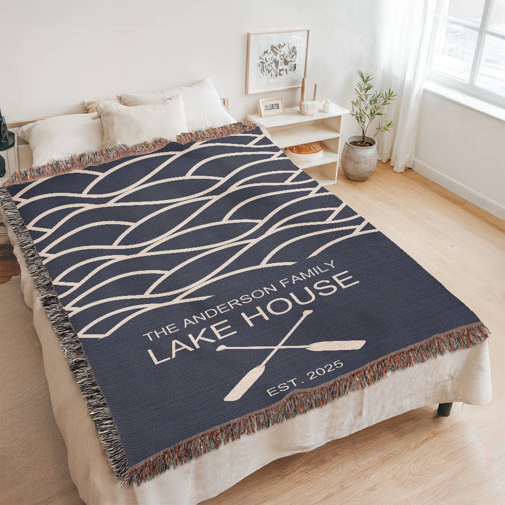 Personalized Woven Blanket for Lake House Owner - Family Name Lake House - Established - Waves and Paddles