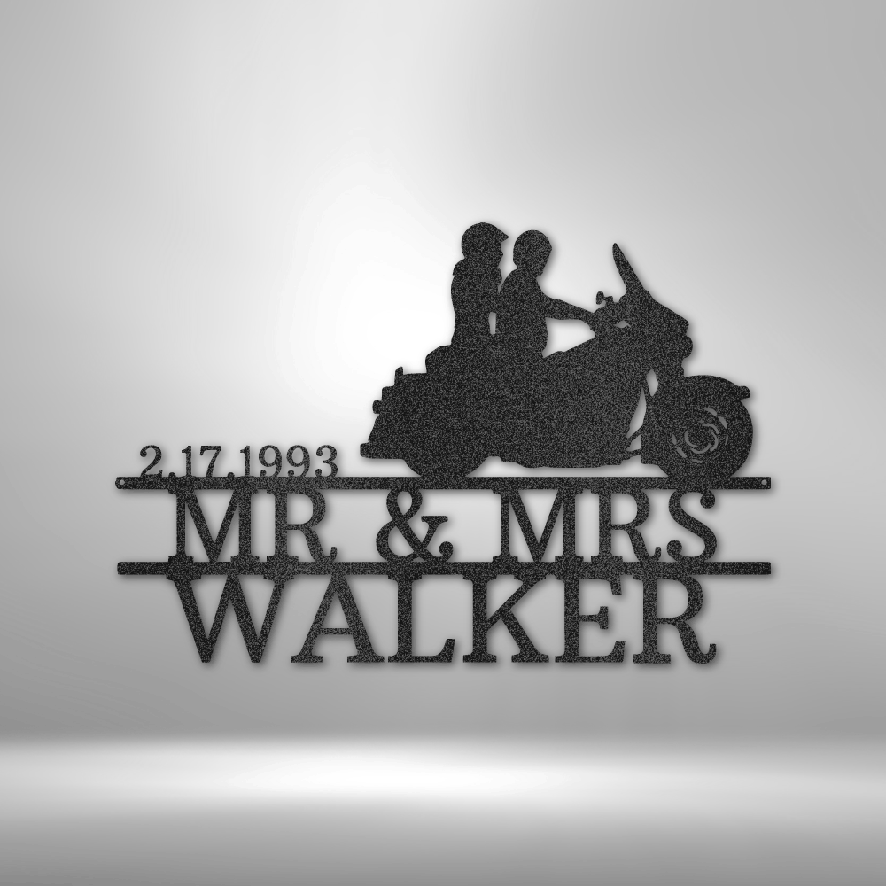 Custom Motorcycle Couple Metal Art Wall Sign - Personalized Names and Date - SHIPPING INCLUDED