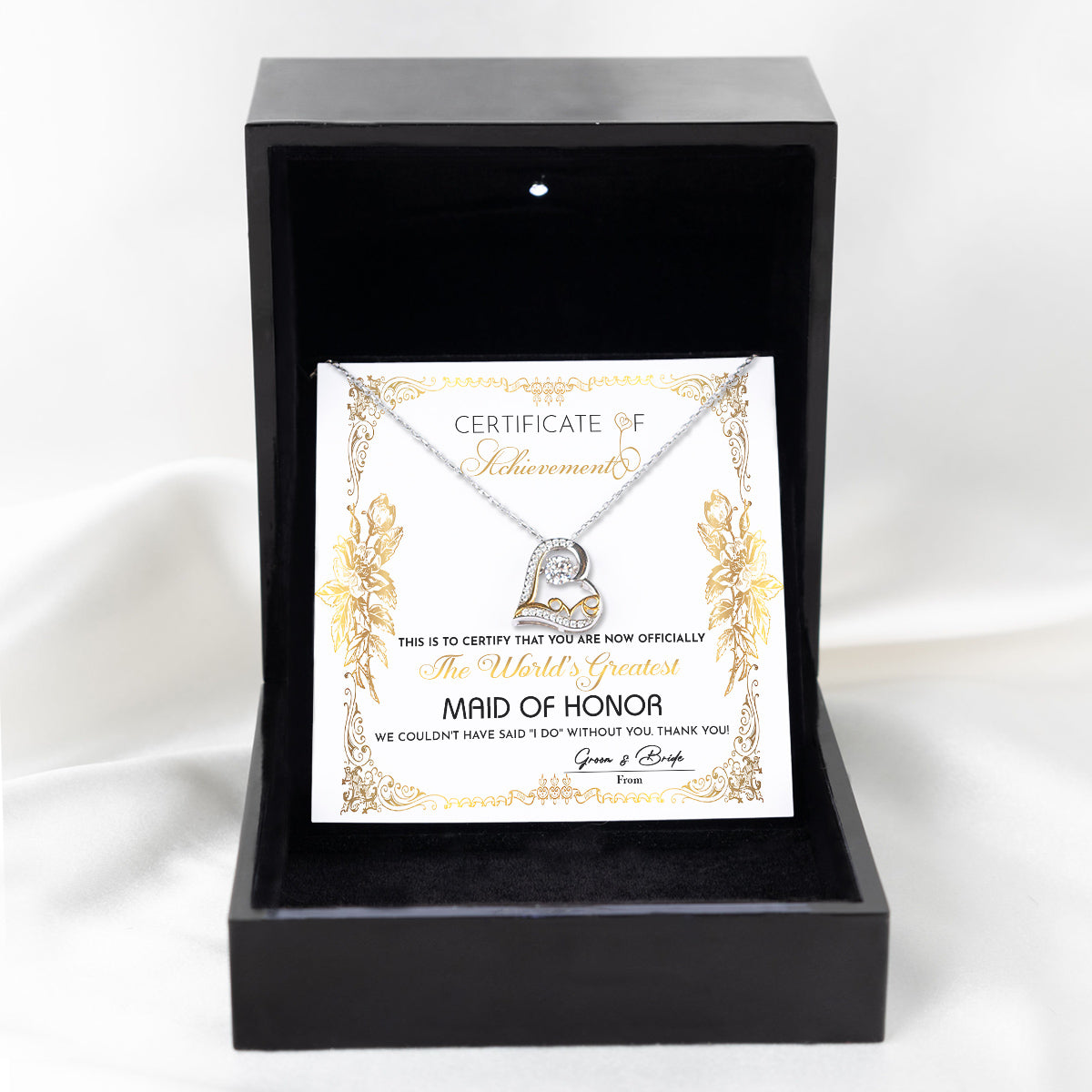 Maid of Honor Gift - Heart Necklace - Certificate of Achievement