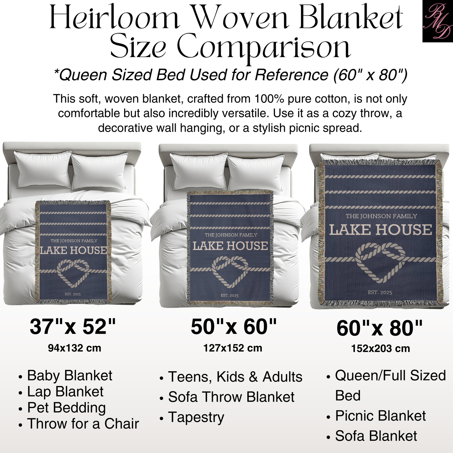 Personalized Woven Blanket for Lake House Owner - Family Name Lake House with Heart Rope