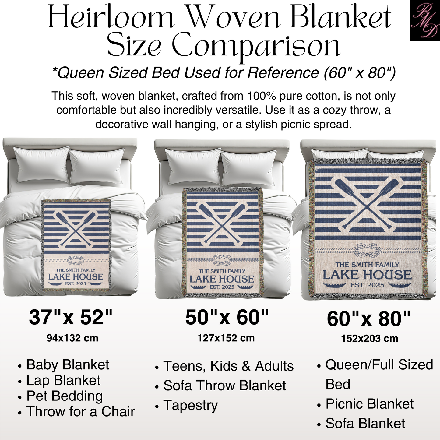 Personalized Woven Blanket for Lake House Owner - Family Name Lake House - Knot - Paddles - Canoes