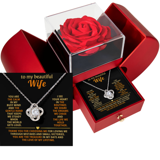 To My Wife - Thank You For Choosing Me - Eternal Love Knot Necklace with Red Heart Rose Gift Box - Free Shipping Included