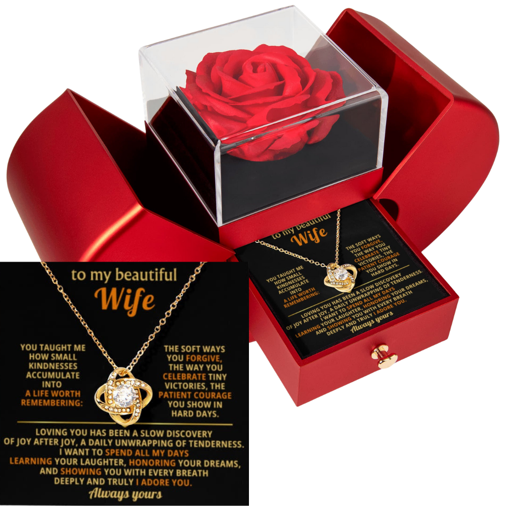To My Wife - Joy After Joy - Eternal Love Knot Necklace with Red Heart Rose Gift Box - Free Shipping Included