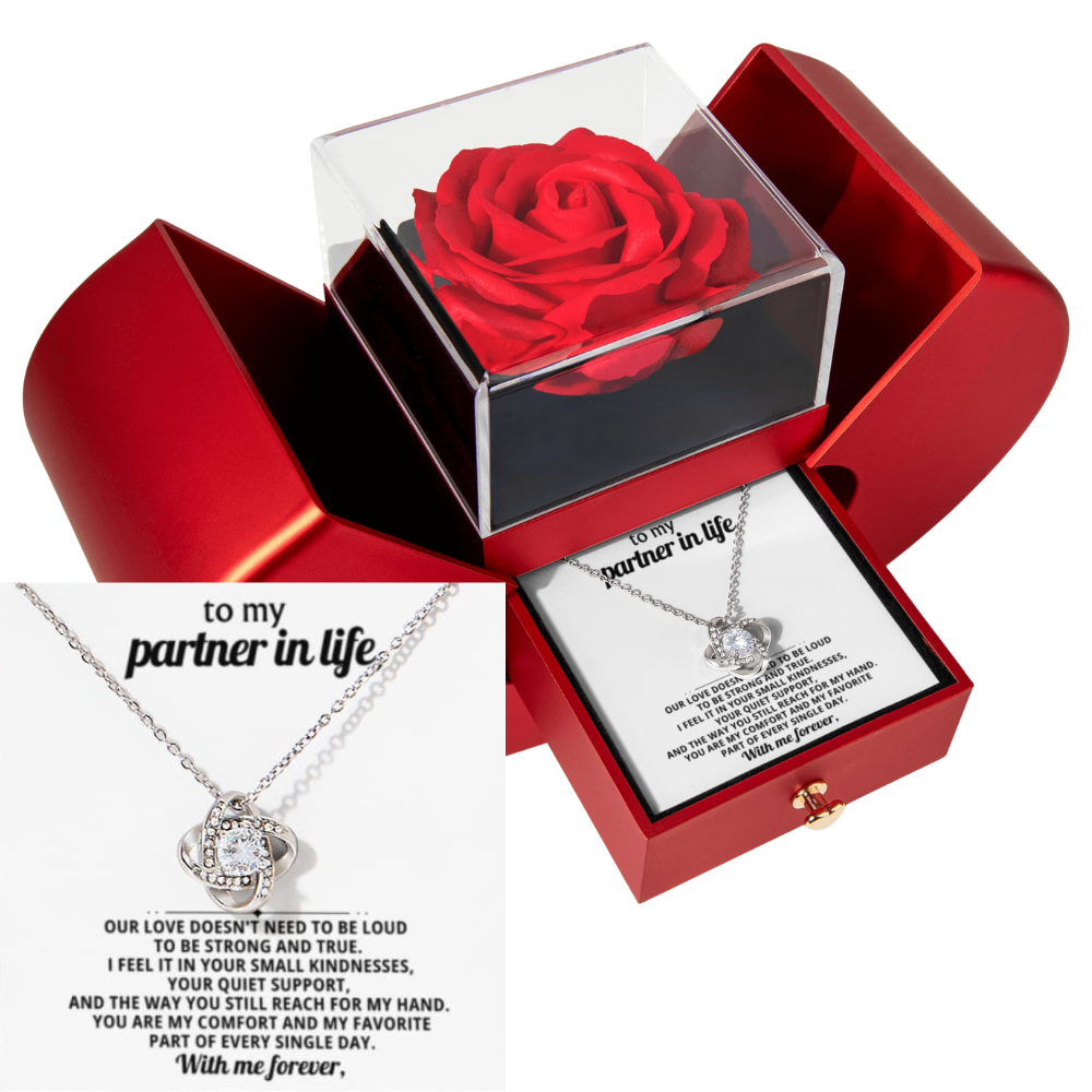To My Wife - My Partner In Life - Eternal Love Knot Necklace with Red Heart Rose Gift Box - Free Shipping Included