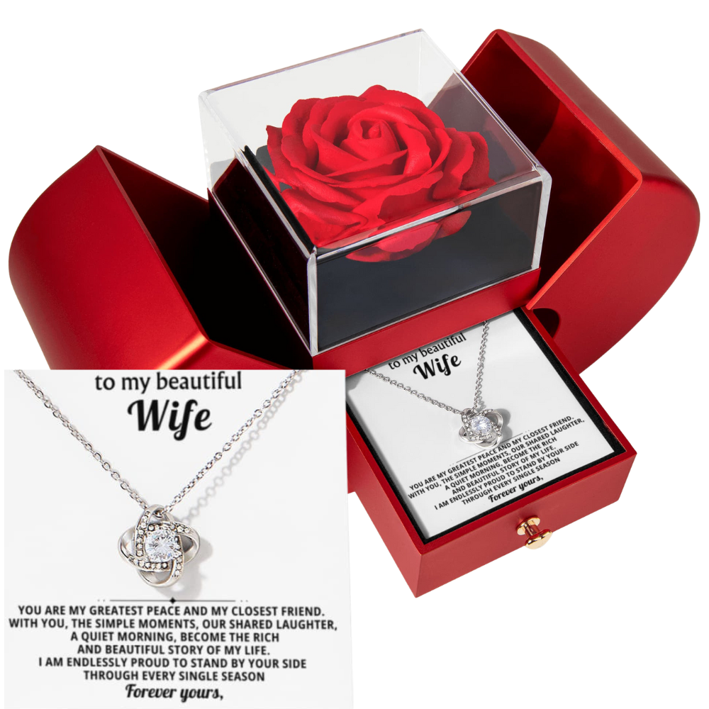 To My Wife - My Closest Friend - Eternal Love Knot Necklace with Red Heart Rose Gift Box - Free Shipping Included