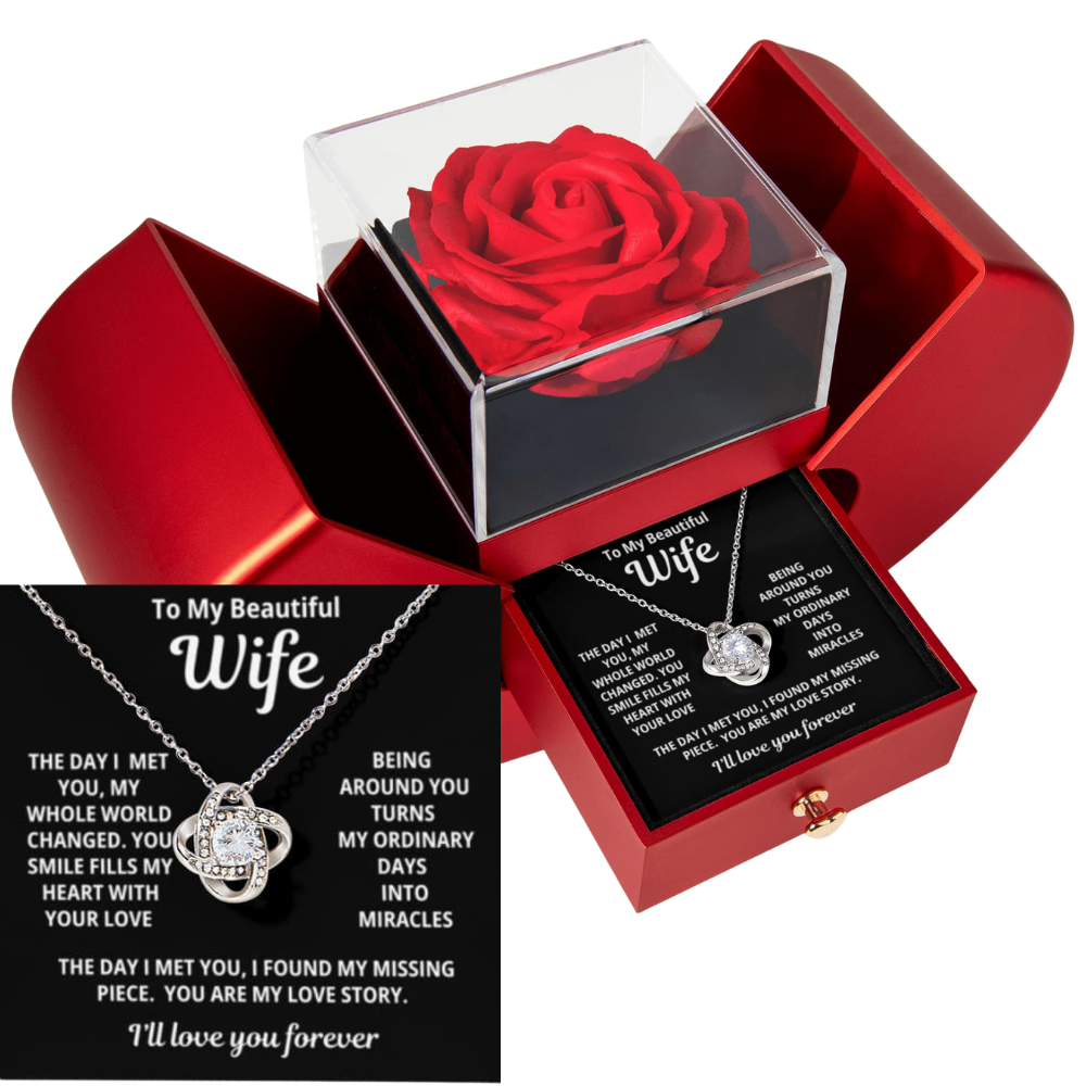 To My Wife - You Are My Love Story - Eternal Love Knot Necklace with Red Heart Rose Gift Box - Free Shipping Included