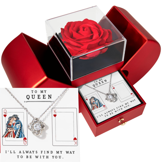 Wife Gift - To My Queen - Eternal Love Knot Necklace with Red Heart Rose Gift Box - Free Shipping Included