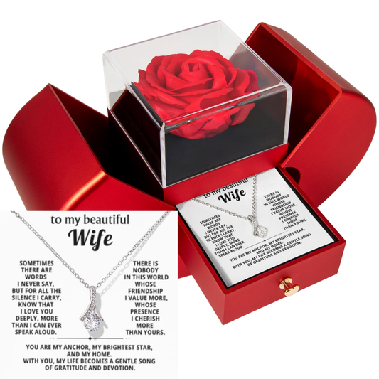 To My Wife - Gratitude and Devotion - Timeless Alluring Beauty Necklace with Red Heart Rose Gift Box - Free Shipping Included
