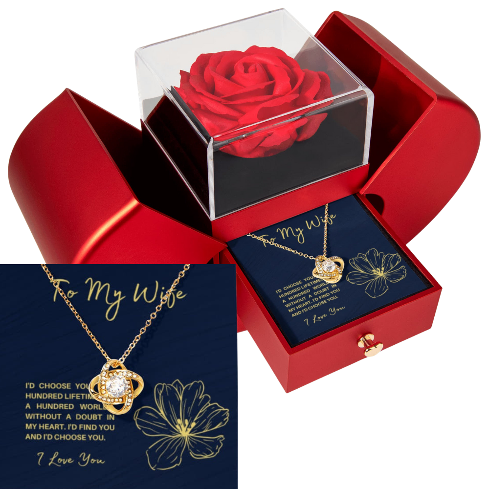 To My Wife - I'd Choose You In A Hundred Lifetimes- Eternal Love Knot Necklace with Red Heart Rose Gift Box - Free Shipping Included