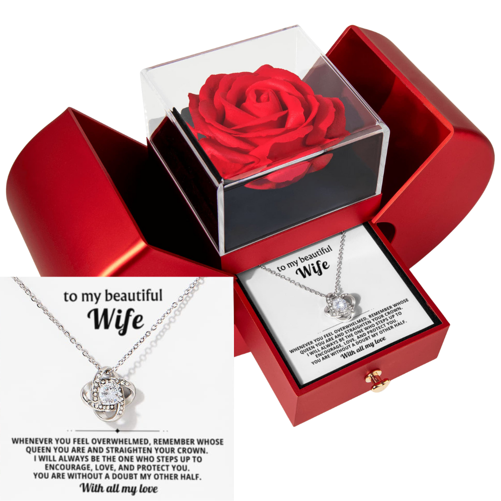 To My Wife - Love and Protect You - Eternal Love Knot Necklace with Red Heart Rose Gift Box - Free Shipping Included