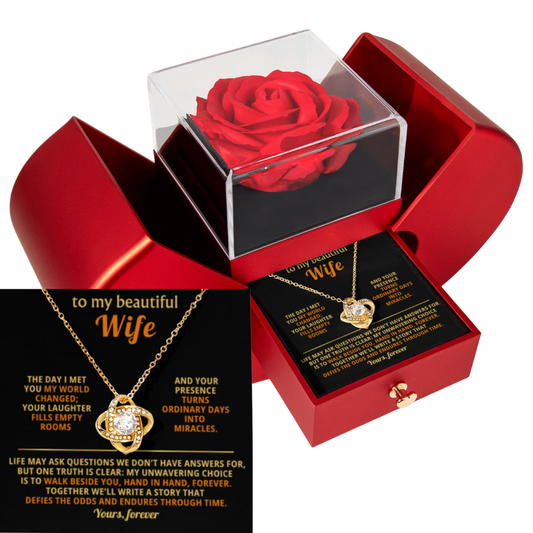 To My Wife - Walk Beside You, Hand In Hand - Eternal Love Knot Necklace with Red Heart Rose Gift Box - Free Shipping Included