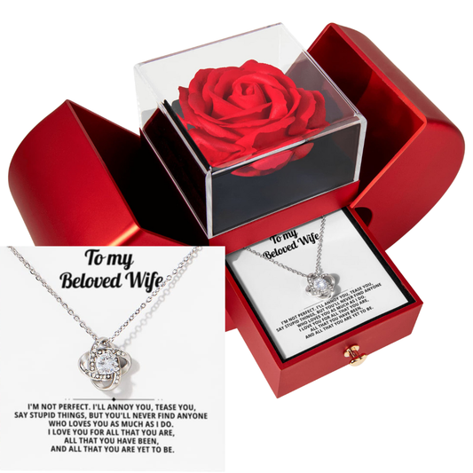 To My Wife - I'm Not Perfect - Eternal Love Knot Necklace with Red Heart Rose Gift Box - Free Shipping Included