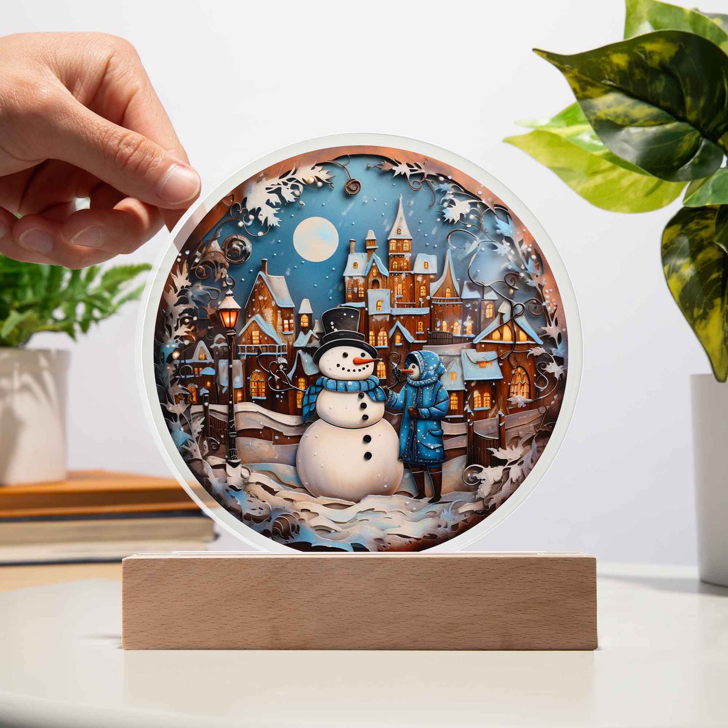 Christmas Snowman Gift - Acrylic Circle Plaque with Available LED Night Light - Snowman in Town