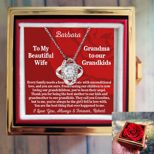 To My Beautiful Wife - Grandma To Our Grandkids - Personalized Love Knot Necklace with Rose in a Rotating Gift Box