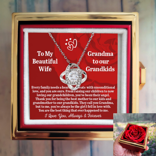 To My Beautiful Wife -Grandma To Our Grandkids - Love Knot Necklace with Rose in a Rotating Gift Box