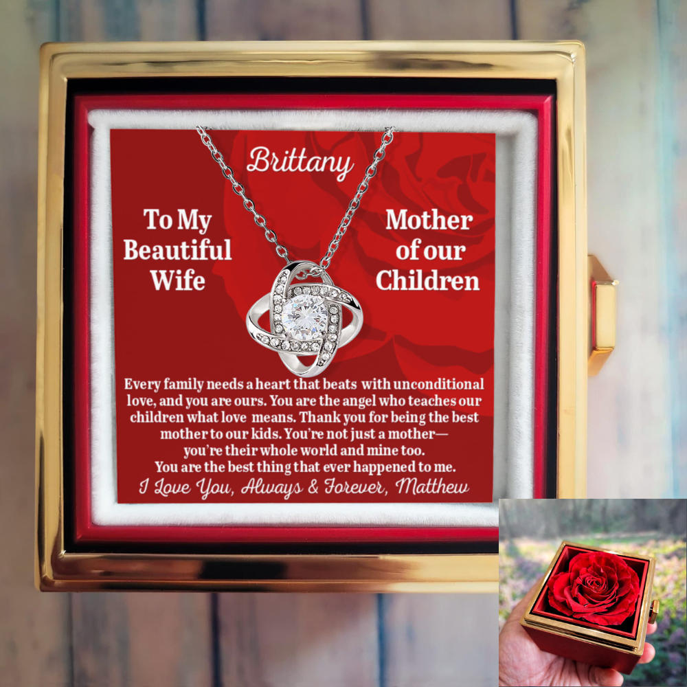 To My Beautiful Wife - Mother Of Our Children - Personalized Love Knot Necklace with Rose in a Rotating Gift Box