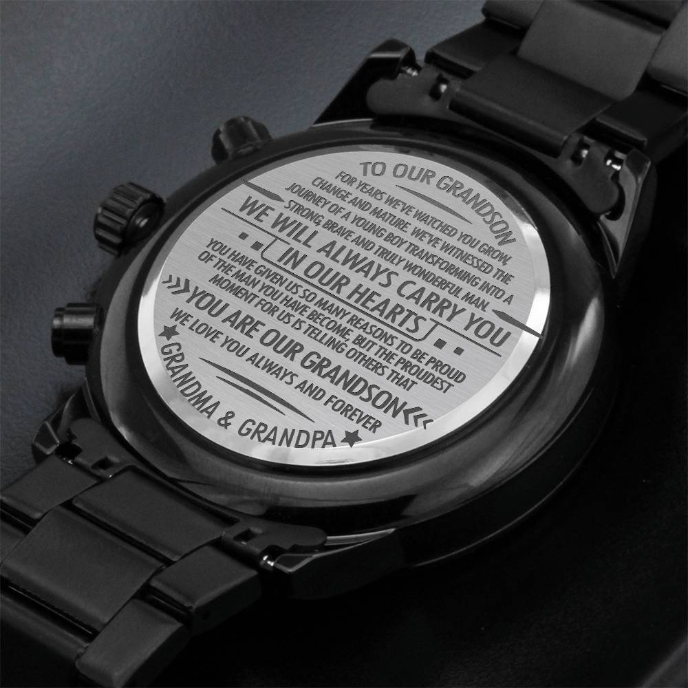 To Our Grandson Black Chronograph Watch – Engraved Gift from Grandparents to Grandson-Graduation, Birthday, Christmas