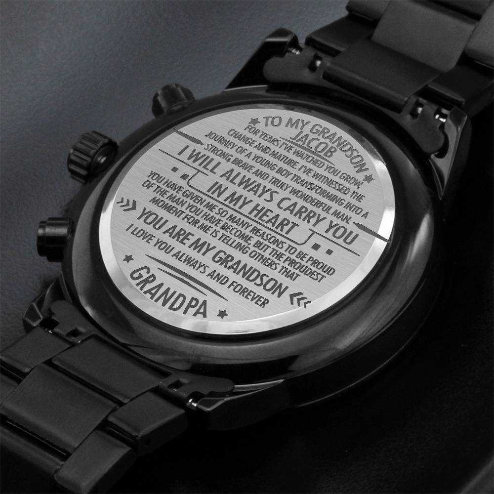 To My Grandson Personalized Black Chronograph Watch – Engraved Gift from Grandpa to Grandson-Graduation, Birthday, Christmas