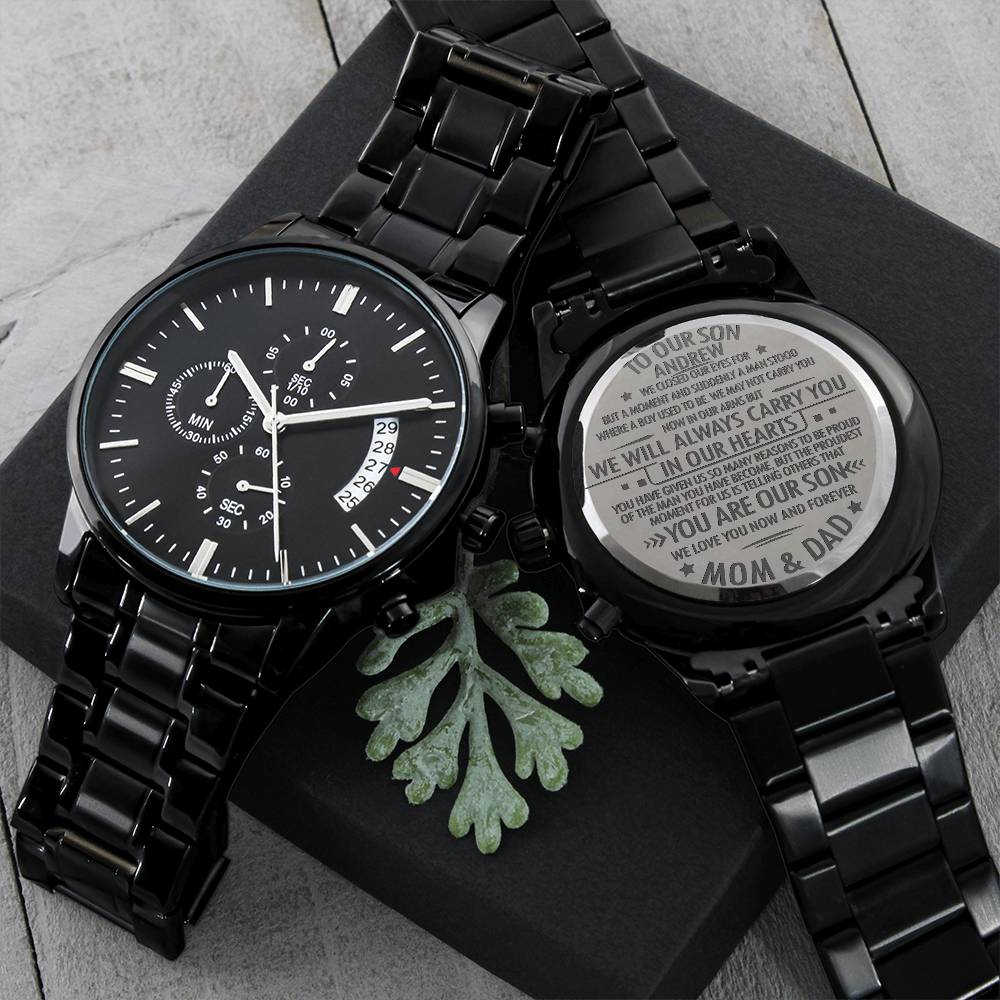 To Our Son Personalized Black Chronograph Watch – Engraved Gift from Parents to Son - Graduation, Birthday, Christmas