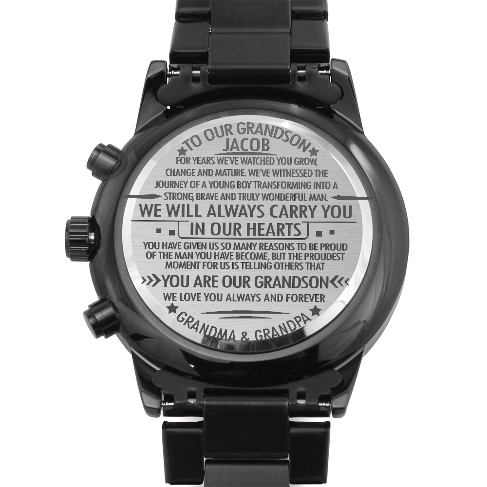To Our Grandson Personalized Black Chronograph Watch – Engraved Gift from Grandparents to Grandson-Graduation, Birthday, Christmas