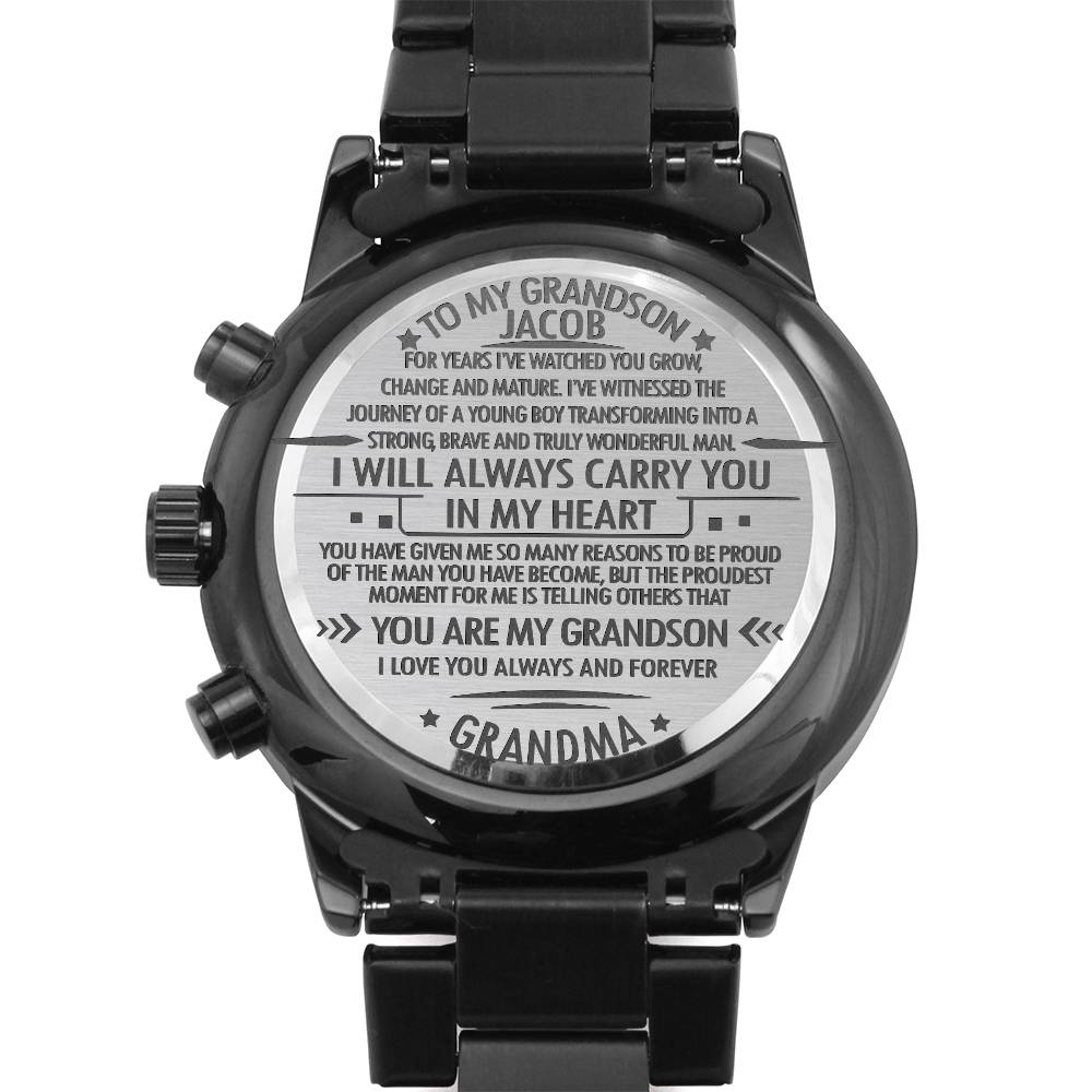 To My Grandson Personalized Black Chronograph Watch – Engraved Gift from Grandma to Grandson-Graduation, Birthday, Christmas