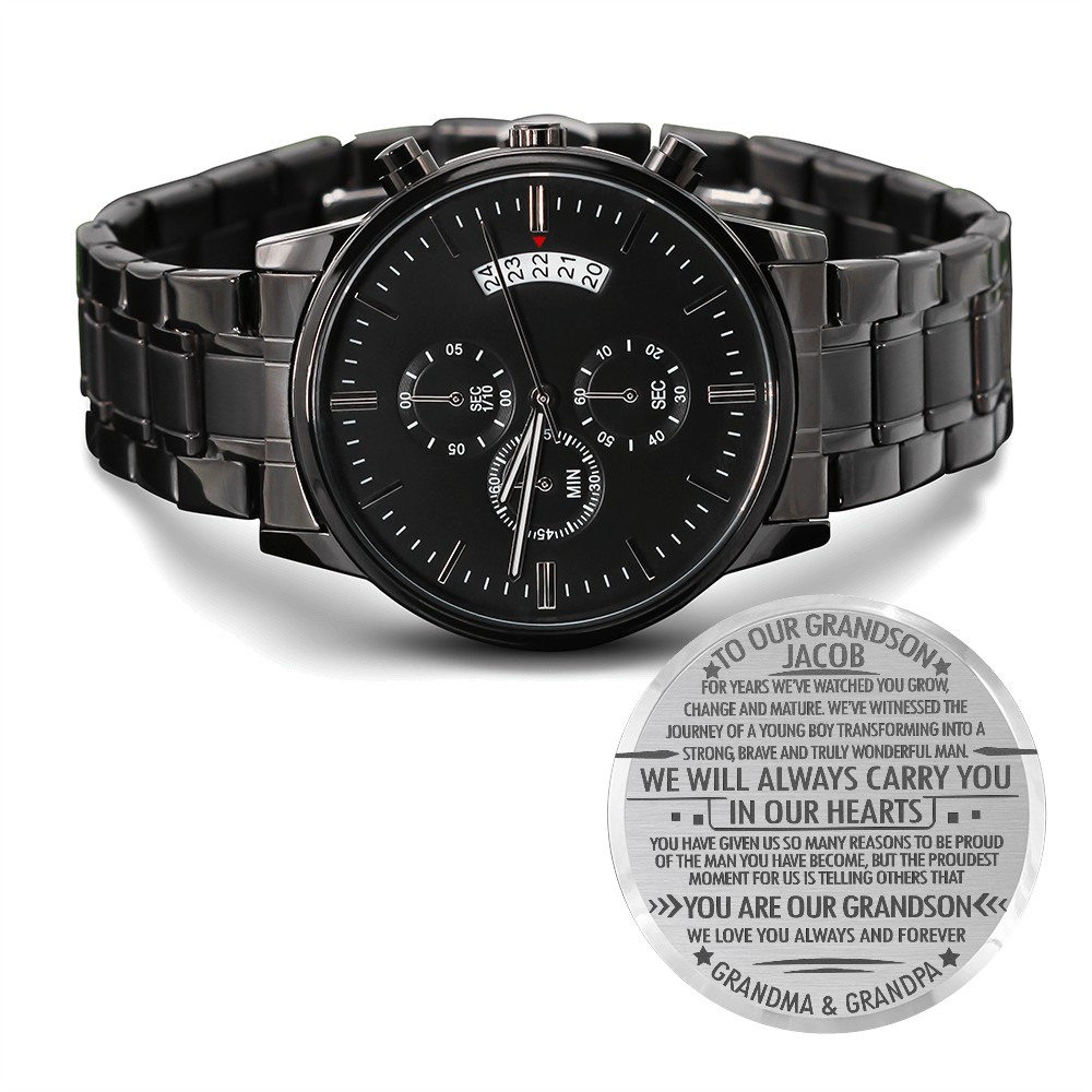 To Our Grandson Personalized Black Chronograph Watch – Engraved Gift from Grandparents to Grandson-Graduation, Birthday, Christmas