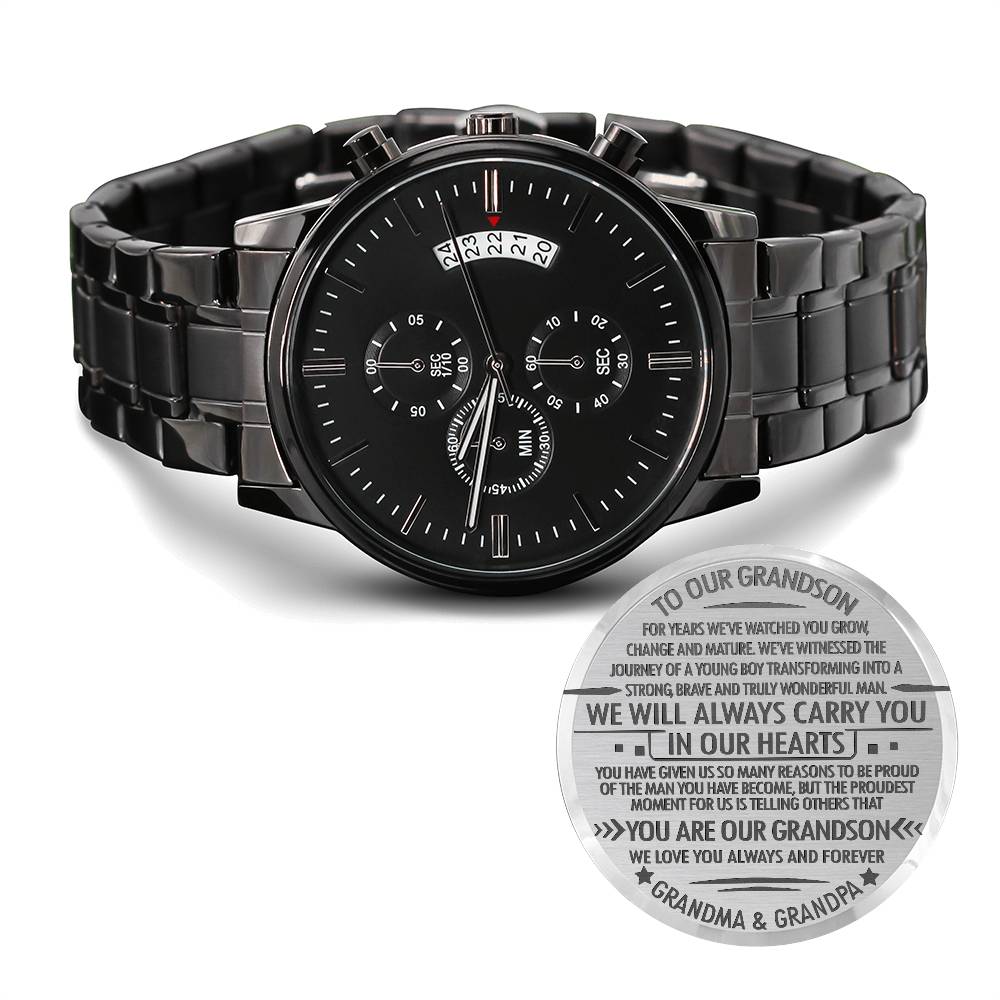 To Our Grandson Black Chronograph Watch – Engraved Gift from Grandparents to Grandson-Graduation, Birthday, Christmas