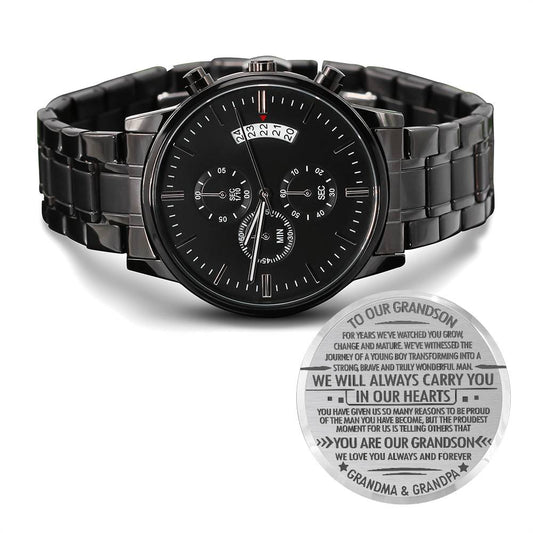 To Our Grandson Black Chronograph Watch – Engraved Gift from Grandparents to Grandson-Graduation, Birthday, Christmas