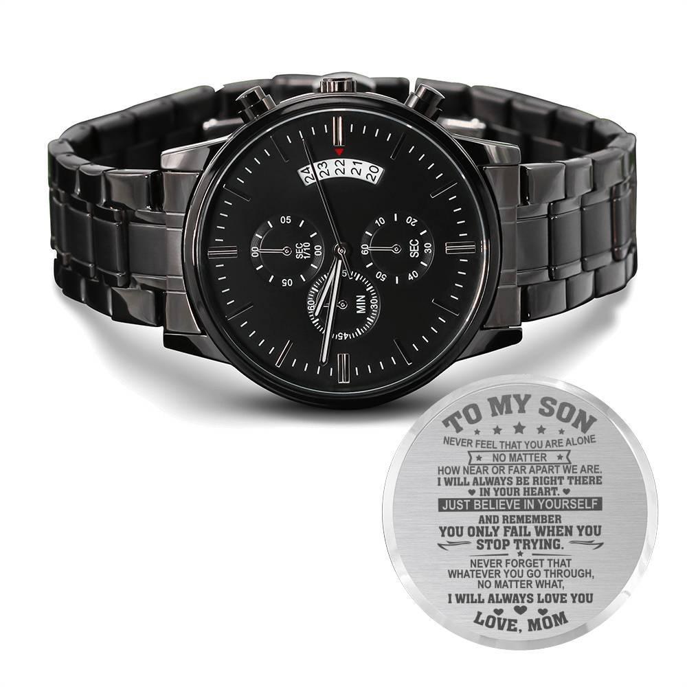 Black wristwatch with a motivational message card on a white background