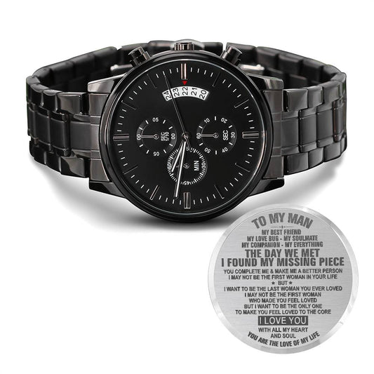 To My Man - My Best Friend, My Love Bug, My Soulmate - Engraved Design Black Chronograph Watch