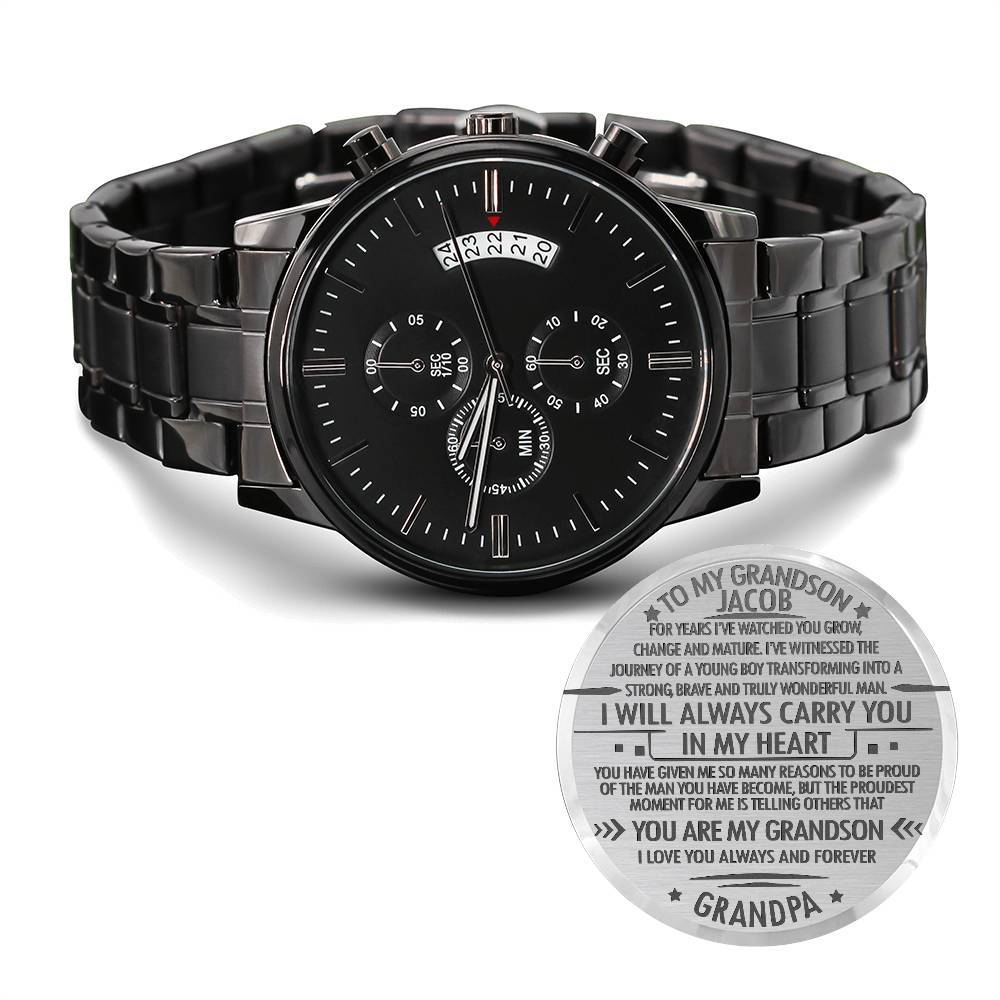 To My Grandson Personalized Black Chronograph Watch – Engraved Gift from Grandpa to Grandson-Graduation, Birthday, Christmas