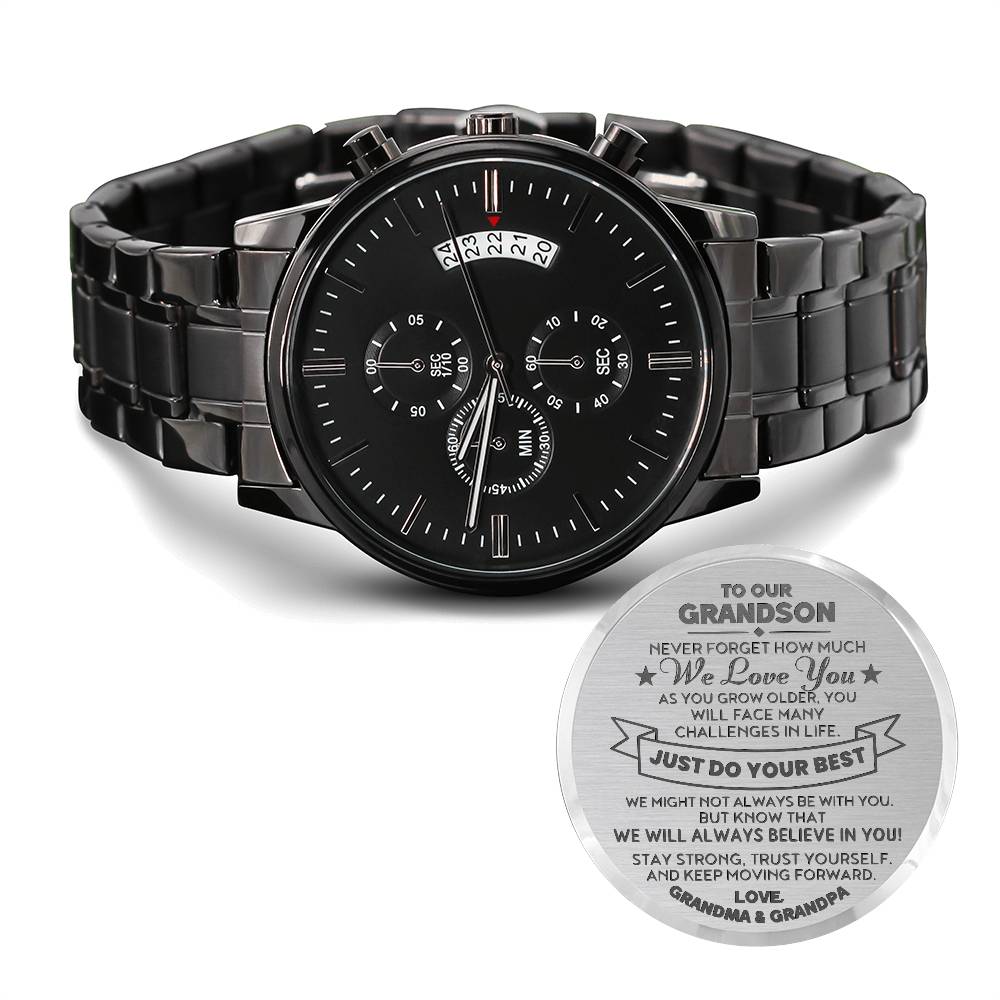 Grandson Gift From Grandma and Grandpa - We Will Always Believe In You - Engraved Chronograph Watch- Shipping Included