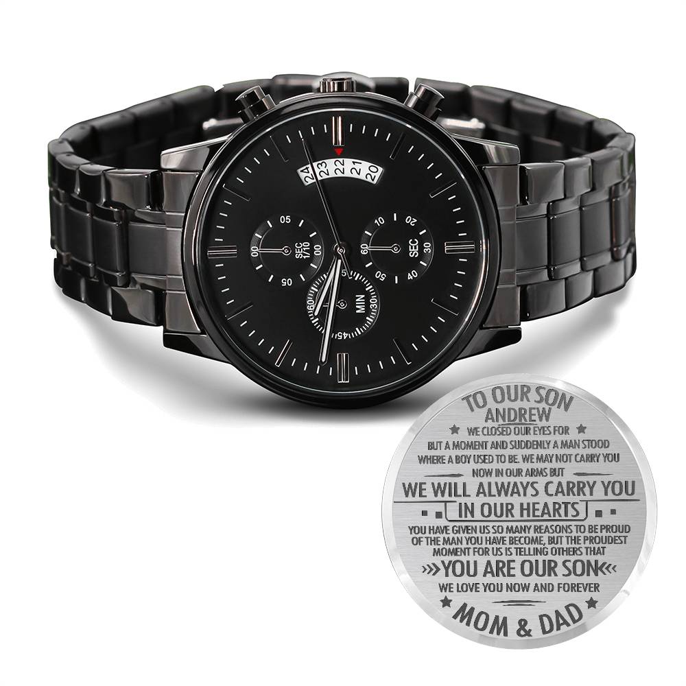 To Our Son Personalized Black Chronograph Watch – Engraved Gift from Parents to Son - Graduation, Birthday, Christmas