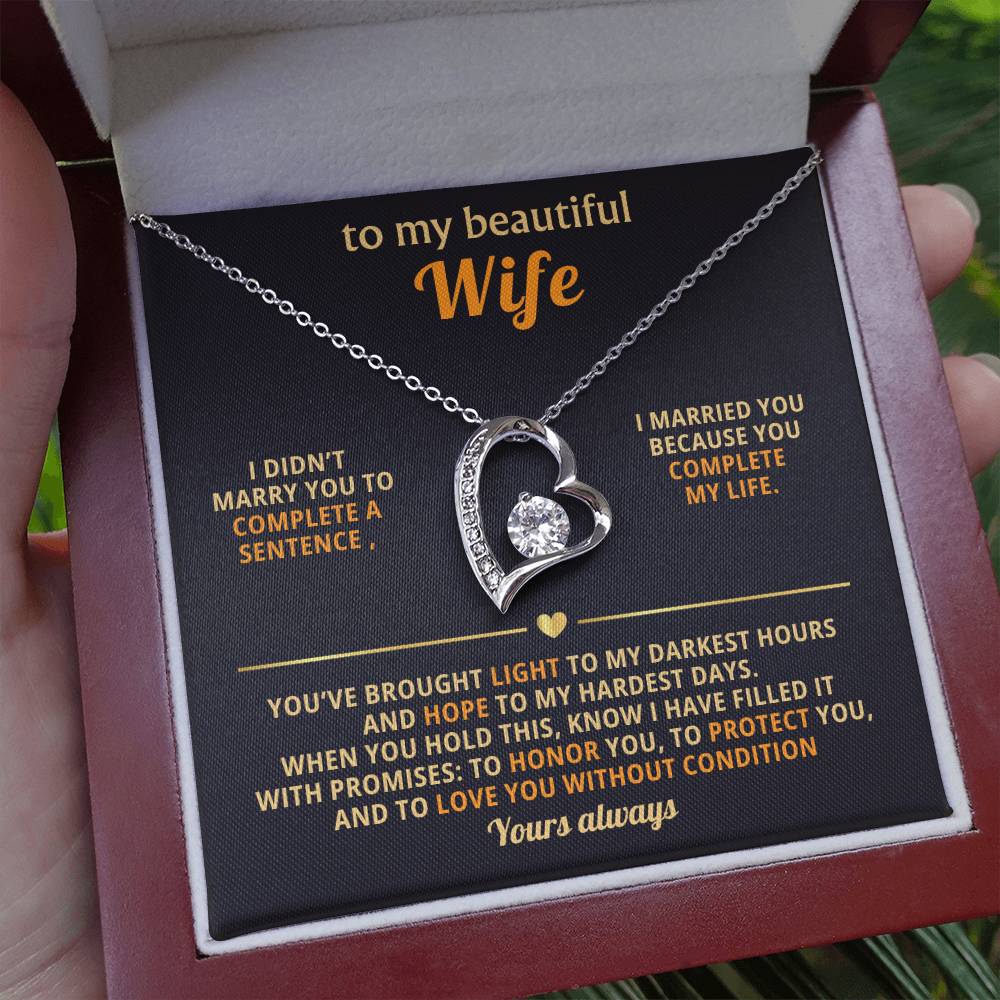To My Beautiful Wife - You Complete My Life - Eternal Love Heart Necklace - Price Includes Free Shipping