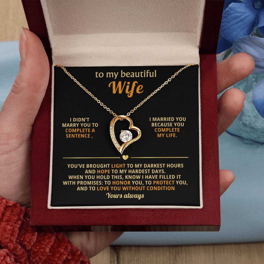 To My Beautiful Wife - You Complete My Life - Eternal Love Heart Necklace - Price Includes Free Shipping